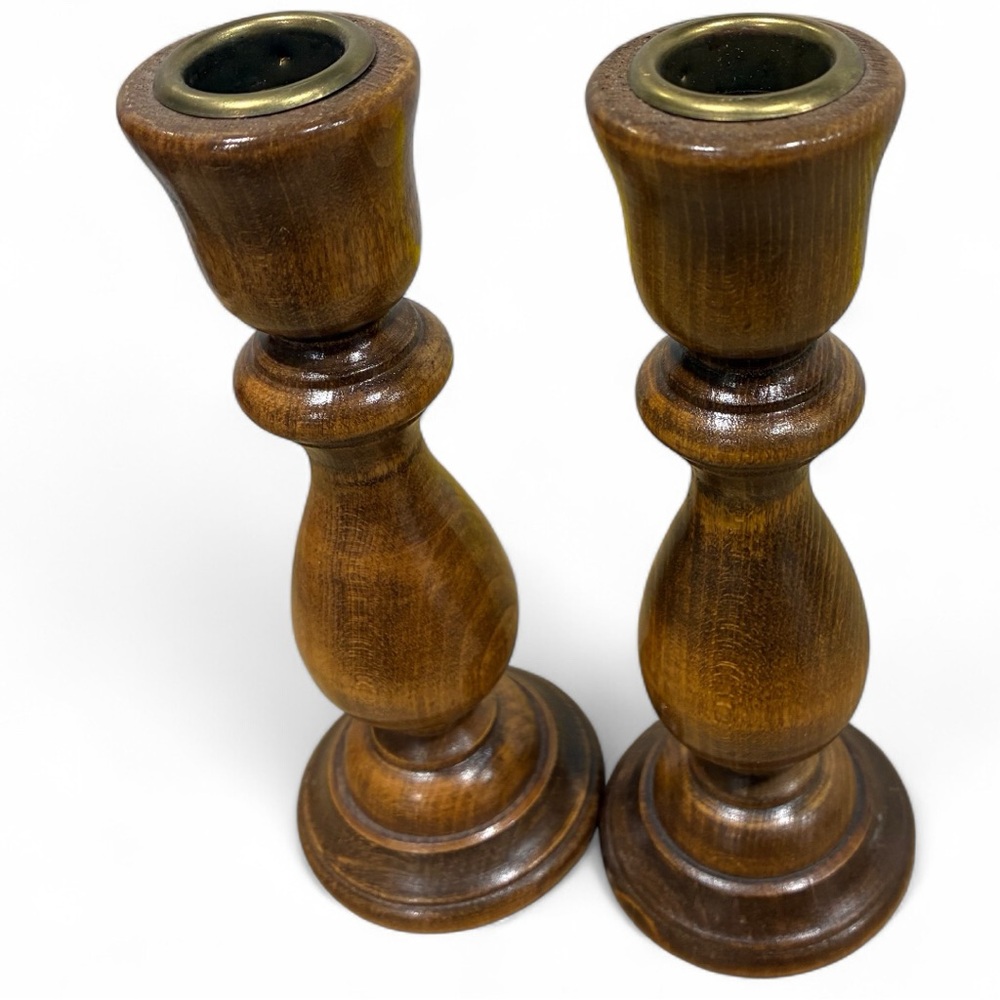 Wood Turned MCM Candlesticks Set/2 Metal Inserts to hold Tapers Felt bottoms
